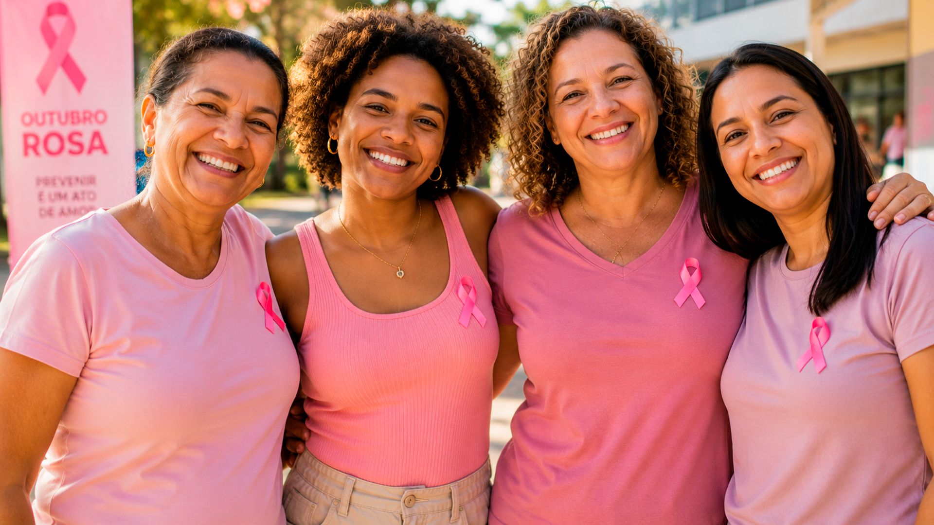 Quatro mulheres sorrindo, abraçadas, vestindo rosa e com laços do Outubro Rosa no peito