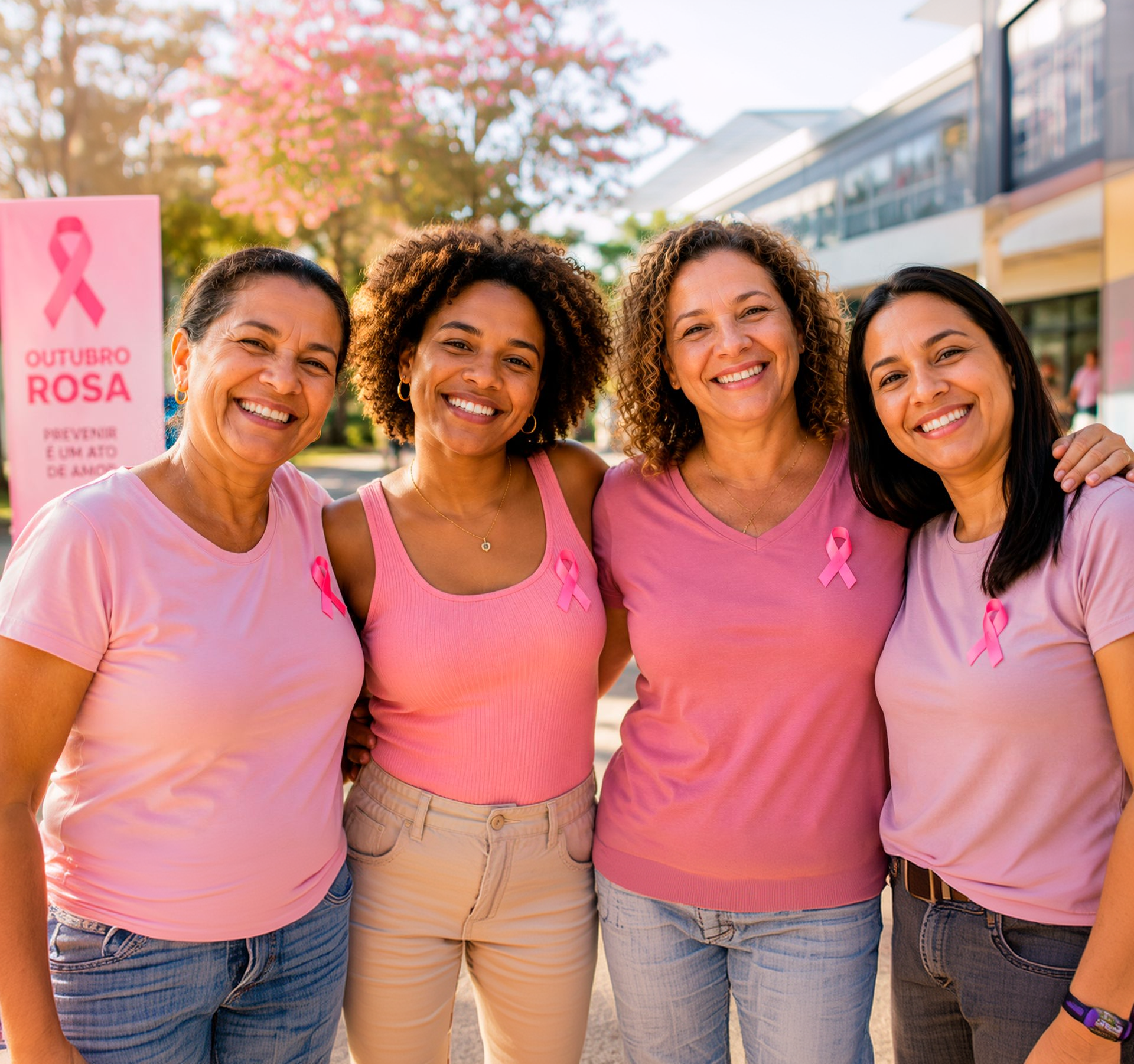 Quatro mulheres sorrindo, abraçadas, vestindo rosa e com laços do Outubro Rosa no peito